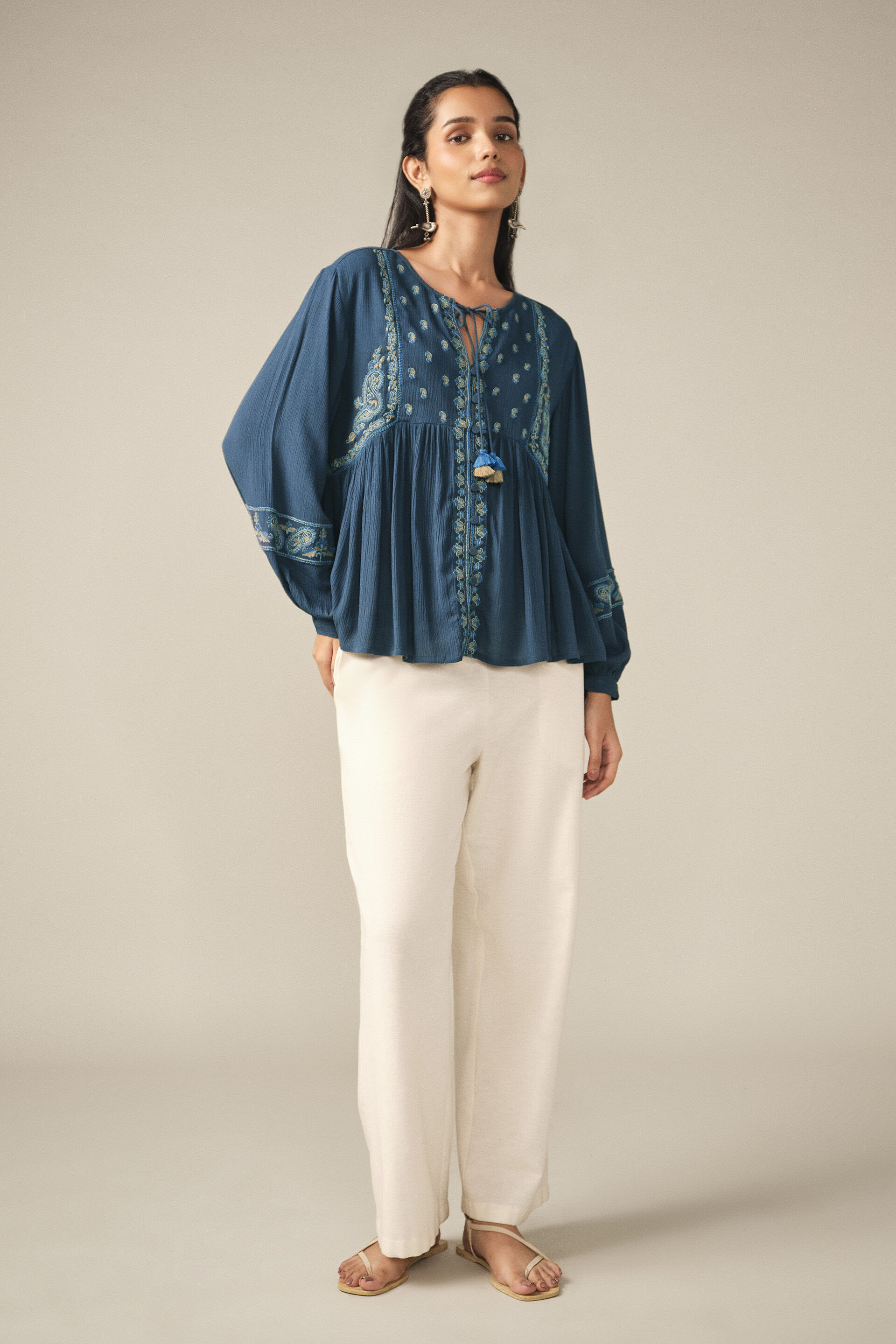 Embroidered Peasant Top in Indigo, Indigo, image 2